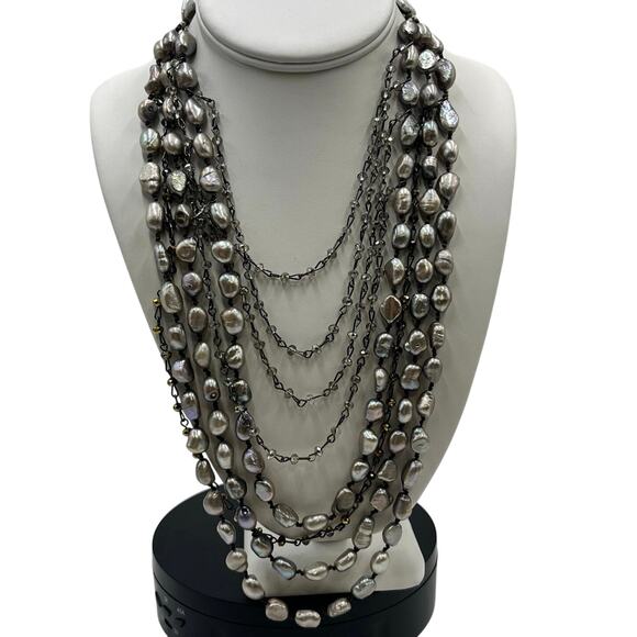 Nakamol Hand Knotted Gray Pearl And Crystal MultiStrand Layered Necklace - Picture 1 of 11